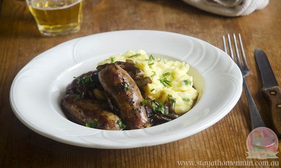 Sausages in Onion Gravy Sausages with herby mash and onion gravy