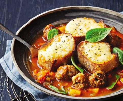 Meatball Soup with Cheesy Bread Crusts