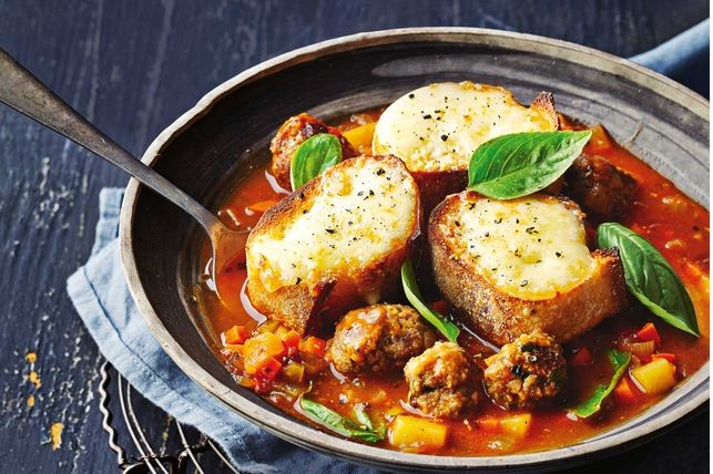 Meatball Soup with Cheesy Bread Crusts