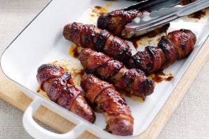 Sticky Bacon-Wrapped Sausages
