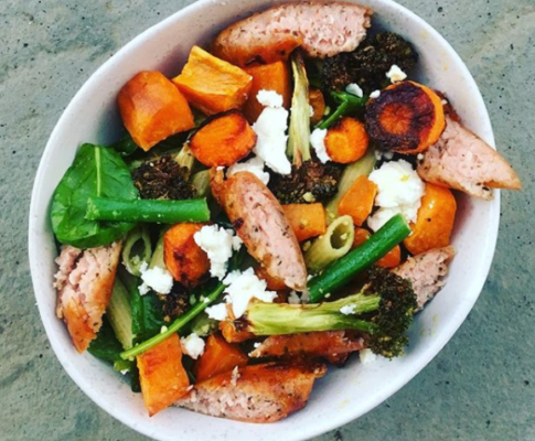 Warm Vegetable, Sausage and Pesto Pasta Salad